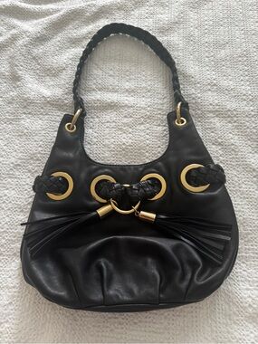 Black Leather Shoulder Bag with Braided Tassel Detail Michael Kors